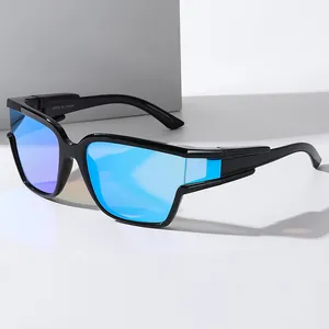 Fashionable sports sunglasses with black frames and blue mirror lenses featuring UV400 protection