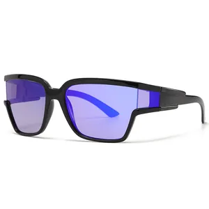 Fashionable black sports sunglasses with purple mirrored lenses for men and women