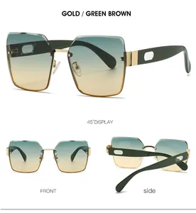 Drei Ansichten einer übergroßen randlosen Sonnenbrille mit Verlaufsgläsern und Goldrahmen