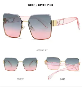Drei-Ansichten-Layout der randlosen quadratischen Oversize-Sonnenbrille mit goldenem Metallsteg