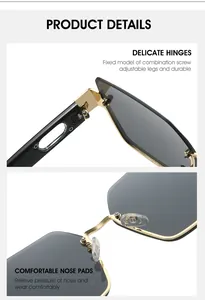 Detailansicht der goldenen Metallscharniere und bequemen Nasenpads der randlosen Sonnenbrille