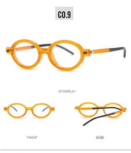 Tre viste di occhiali da sole ovali color ambra traslucido con decorazioni di rivetti chic