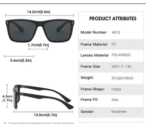 Detailed size chart and specifications for polarized sunglasses model 4612 with TR legs