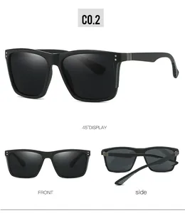 Three views of men's matte black polarized sunglasses with silver metal accents