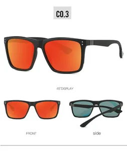 Detailed views of matte black TR90 polarized sunglasses with orange mirrored lenses