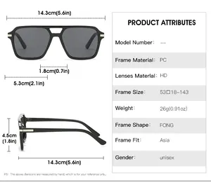 Detailed size chart for unisex square sunglasses showing frame dimensions and specifications