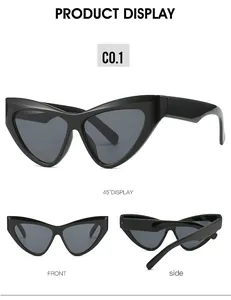 Drei Ansichten der schwarzen Cateye-Sonnenbrille: Front, 45-Grad und Seitenprofil