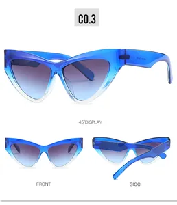 Detailansicht der lichtdurchlässigen blauen Cat-Eye-Sonnenbrille mit lila Verlauf