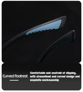Detailed macro view of curved anti-slip temples with blue rubber padding for sport sunglasses