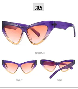 Drei Ansichten der Cat-Eye-Sonnenbrille mit lila-gelbem Rahmen und orangefarbenen Gläsern