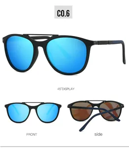 Mehrere Ansichten der ovalen Polarisations-Sonnenbrille mit blau verspiegelten Gläsern