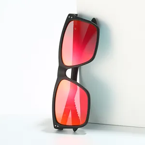 Mens square polarized sunglasses with red mirror lenses and black TR frame for cycling