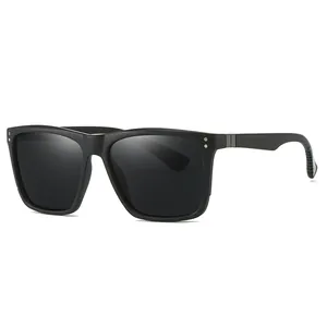 Men's matte black polarized square sunglasses with classic frame and metal rivet details