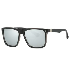 Mens square polarized sunglasses with silver mirror lenses and transparent grey frames