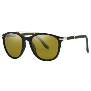 Herren retro ovale polarisierte Sonnenbrille mit matt schwarzem Rahmen und Goldsteg