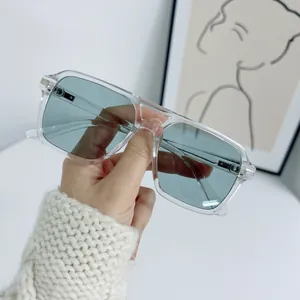 Fashionable square frame sunglasses with transparent frame and light blue lenses