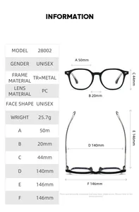 Size chart and dimensions for unisex anti-blue light glasses with model 28002 specs
