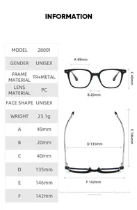 Detailed size chart for square TR and metal frame glasses model 28001 with precise dimensions