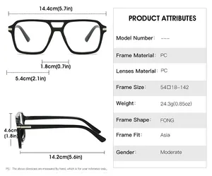 Detailed size chart of square frame glasses showing 14.4cm width and 24.3g weight