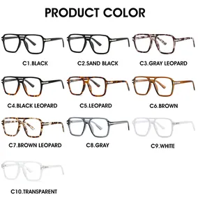 Macro shot showing ten assorted colors of stylish square anti-blue light glasses frames