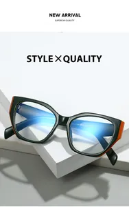 Detail of polygonal blue light blocking glasses with black-green frame and orange temple accent