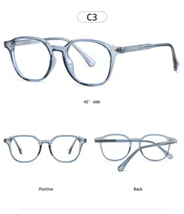 Dettaglio degli occhiali montatura intera grigio-blu trasparente con filtro luce blu e metallo