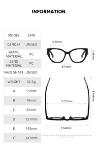 Detailed size chart and specifications for geometric anti-blue light glasses frame 2340