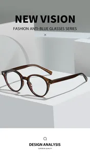 Detail of round amber anti-blue light glasses with vintage resin frames and metal hinge work