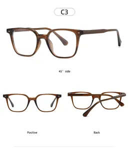 Three-angle view of amber square frame glasses with anti-blue light metal rivet hinges