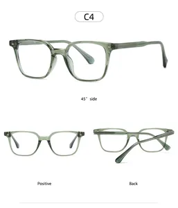 Three-view layout of transparent dark green TR frames with detailed metal hinges