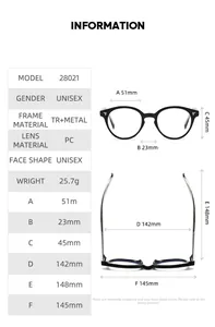 Size chart for unisex round frames showing TR metal materials and detailed measurements