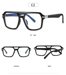 Multiple views of classic black square frame blue light glasses with double bridge