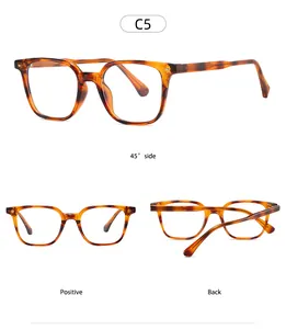 Detail view showing tortoise shell square glasses frame from front, back and 45-degree angle