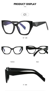 Polished black geometric cat-eye glasses frame shown from multiple professional angles