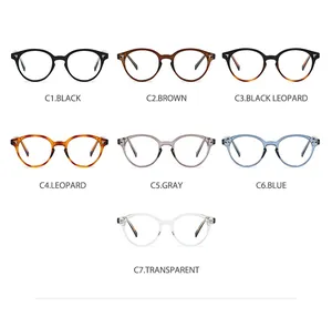 Detailed multi-color display of retro round eyewear frames with metal rivet accents