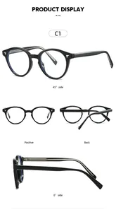 Detailed multi-angle views of round black frames with metal core pins and blue light lenses