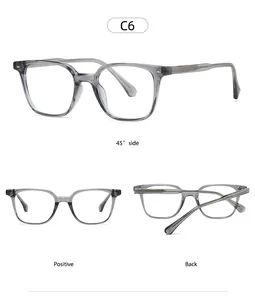 Detailed views of transparent grey TR90 square glasses frames with metal core wire details