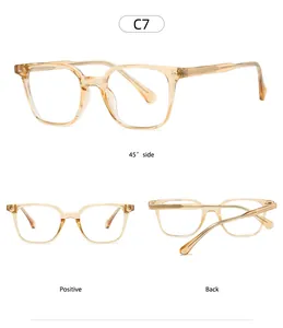 Three-view perspective of stylish transparent champagne square TR90 eyeglass frames