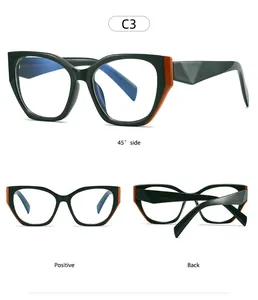 Three-view shot of black and orange polygonal cat-eye blue light blocking glasses