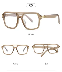 Three perspectives of transparent brown double bridge glasses frames with gold hinges