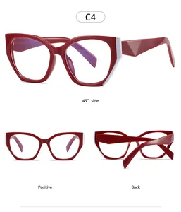 Three views of polygon anti-blue light glasses in deep red with contrast white details