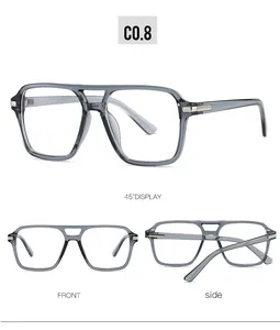 Three-angle display of square blue light blocking glasses in transparent grey