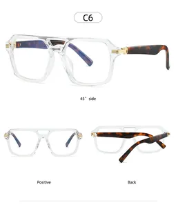 Three-view layout of large square transparent glasses frames with tortoiseshell temples C6
