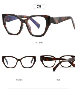 Three-way view of tortoiseshell cat-eye glasses frame with blue light blocking lenses