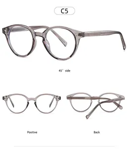 Three perspectives of transparent grey round glasses frames with detailed temple patterns