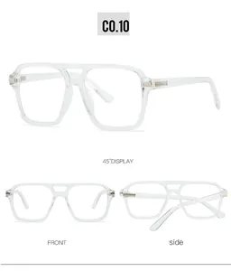 Detailed views of transparent square blue light glasses from front and side angles