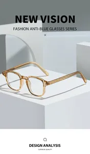 Detail view of champagne TR90 anti-blue light glasses on a white geometric background
