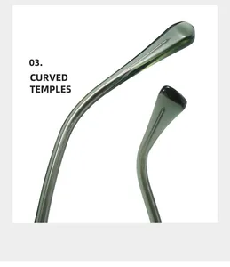 Detailed close-up of curved ergonomic temples with metal core for comfort eyewear