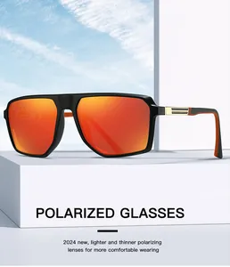 Polarized sunglasses with black frame and orange lenses on a geometric display stand