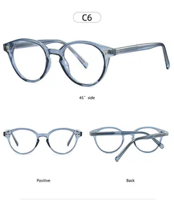 Detailed views of translucent blue round frame glasses with metallic temple core and rivets